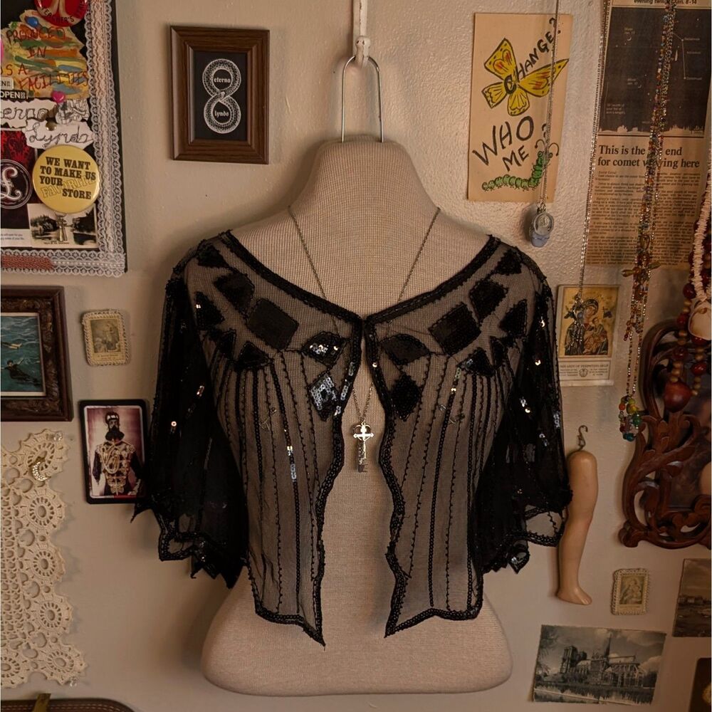 Sequin Beaded Fringe Capelet Shawl Black